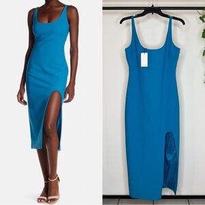 NWT Cinq a Sept Breena Dress in Malibu Blue Midi Cocktail Side Slit size 8 NEW